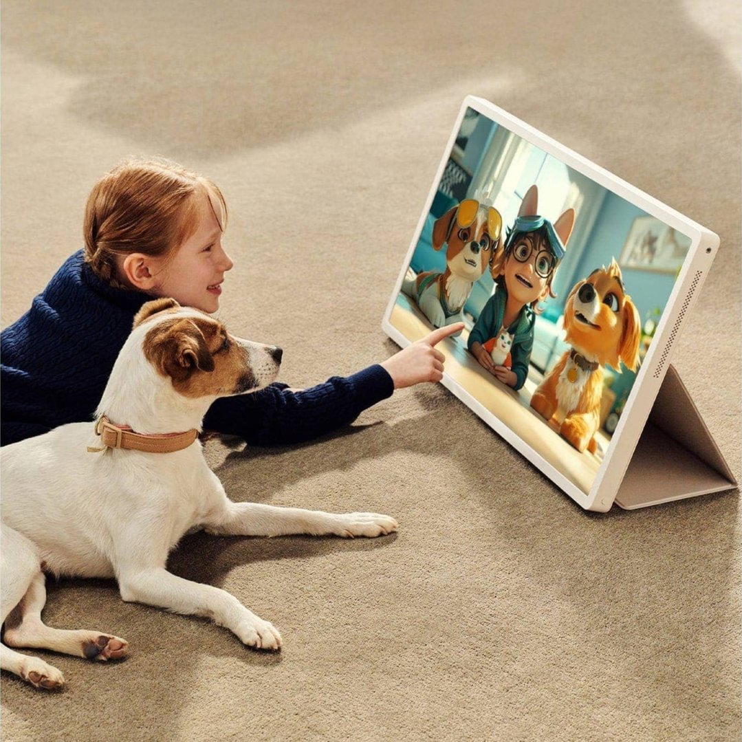 Child and dog watching animated content on a portable smart touch screen