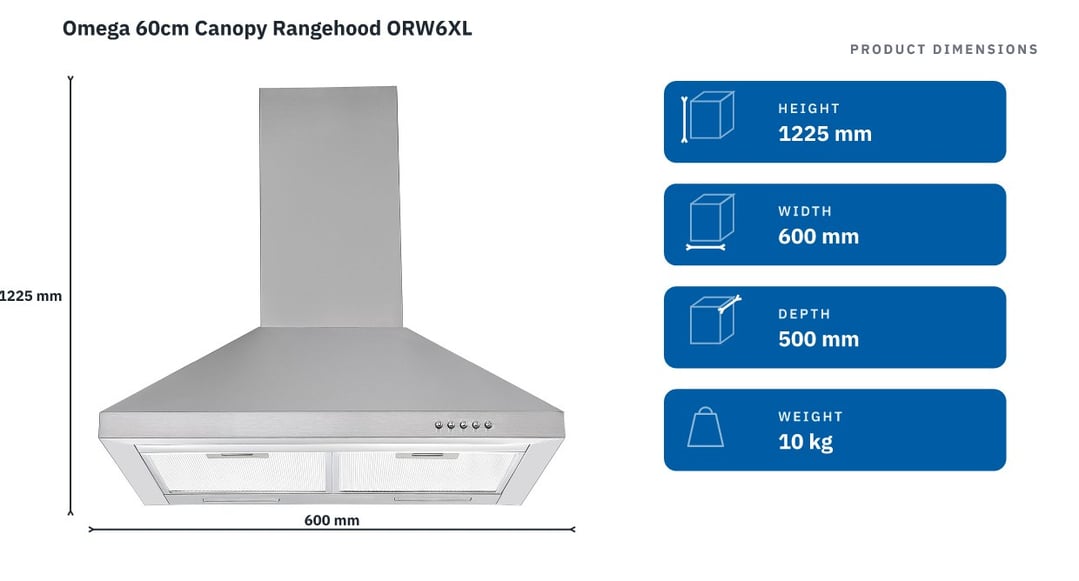 Omega 60cm Canopy Rangehood ORW6XL — product dimensions