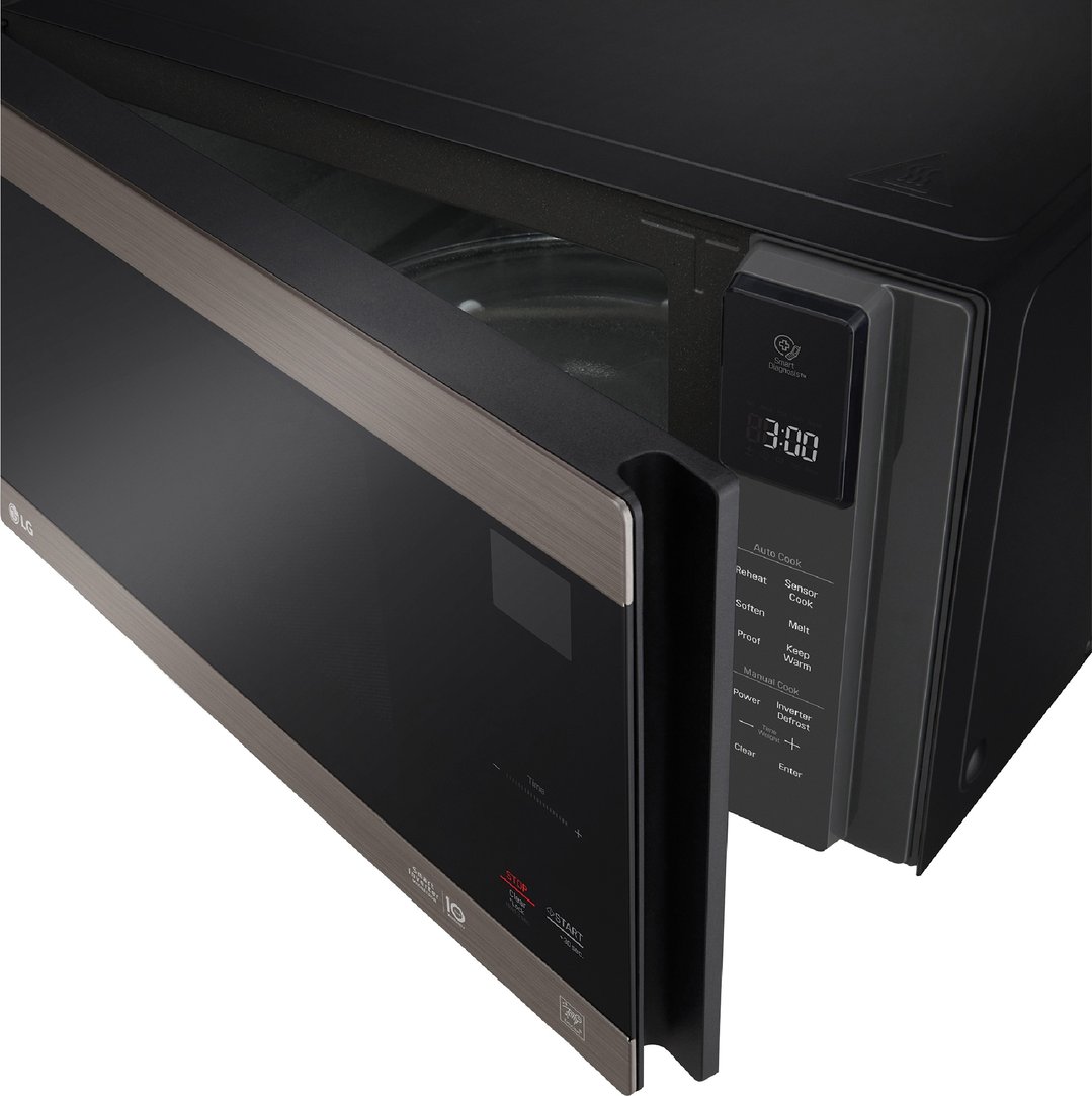 LG NeoChef microwave oven with the door open, showing the interior