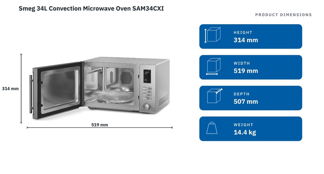 Smeg 34L Convection Microwave Oven SAM34CXI — product dimensions