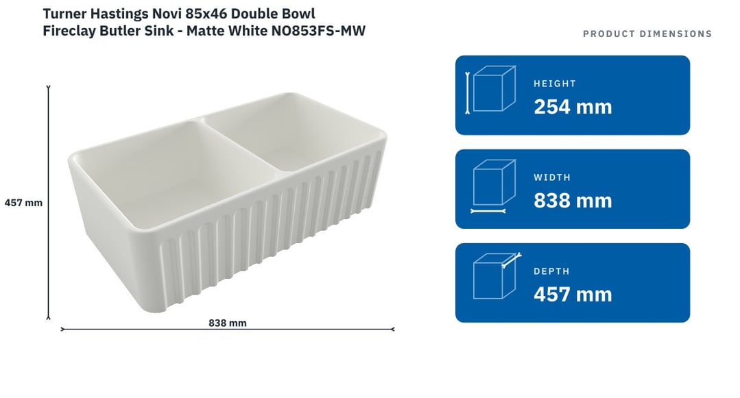 Turner Hastings Novi 85x46 Double Bowl Fireclay Butler Sink - Matte White NO853FS-MW — product dimensions