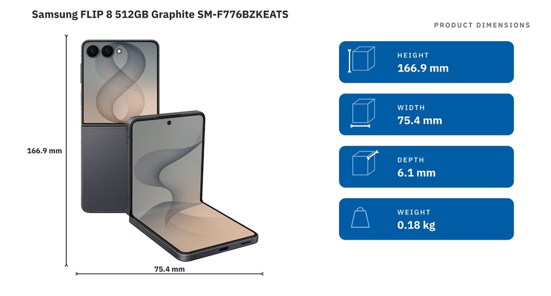 Samsung FLIP 8 512GB Graphite SM-F776BZKEATS — product dimensions