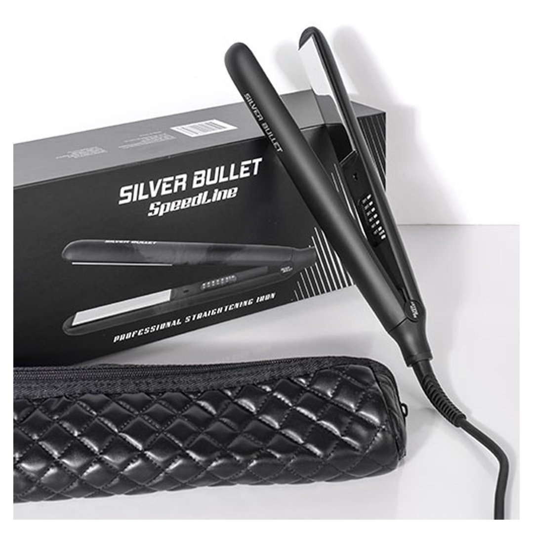Silver Bullet SpeedLine hair straightener with its box and quilted case