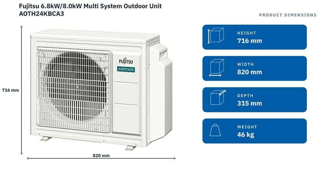 Fujitsu 6.8kW/8.0kW Multi System Outdoor Unit AOTH24KBCA3 — product dimensions