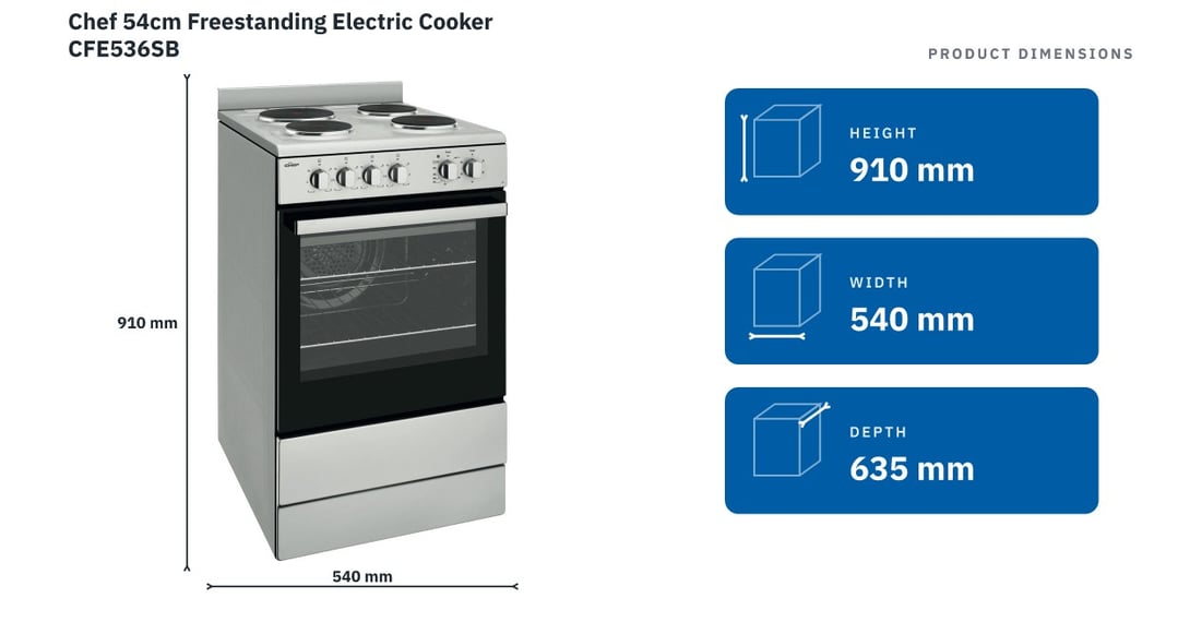Chef 54cm Freestanding Electric Cooker CFE536SB — product dimensions