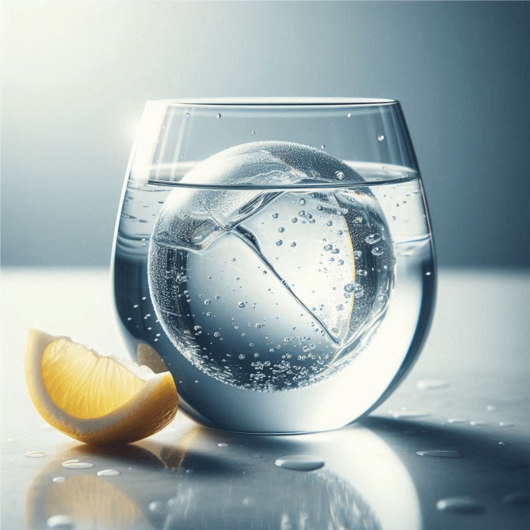 A glass of water with a sphere ice maker and a lemon wedge