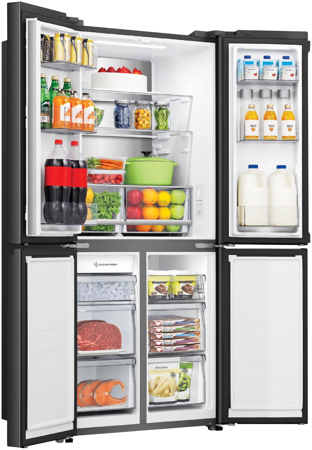Open Hisense PureFlat Slim French Door fridge filled with food and drinks