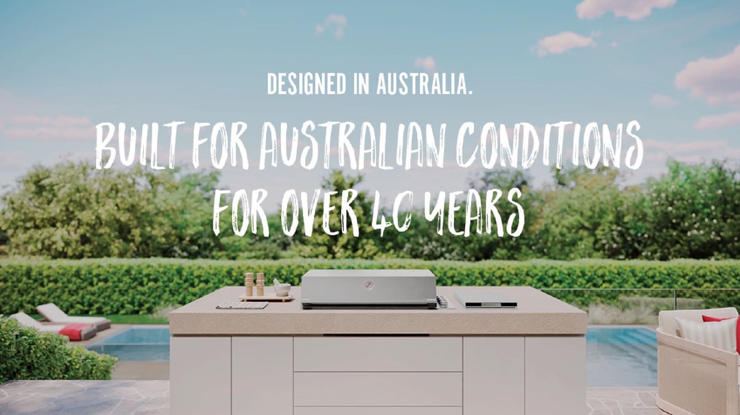 Built-in gas BBQ on an outdoor kitchen island with text overlay and pool view