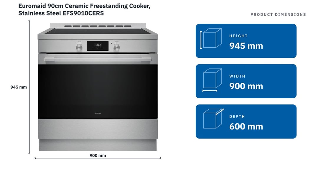 Euromaid 90cm Ceramic Freestanding Cooker, Stainless Steel EFS9010CERS