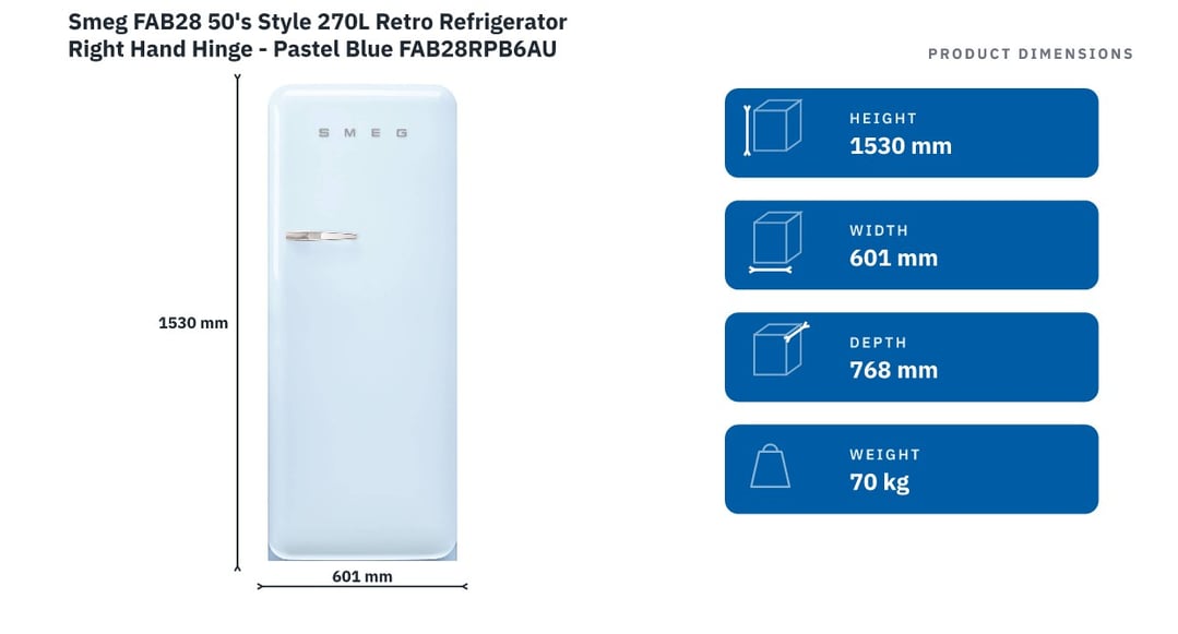 Smeg FAB28 50's Style 270L Retro Refrigerator Right Hand Hinge - Pastel Blue FAB28RPB6AU — product dimensions
