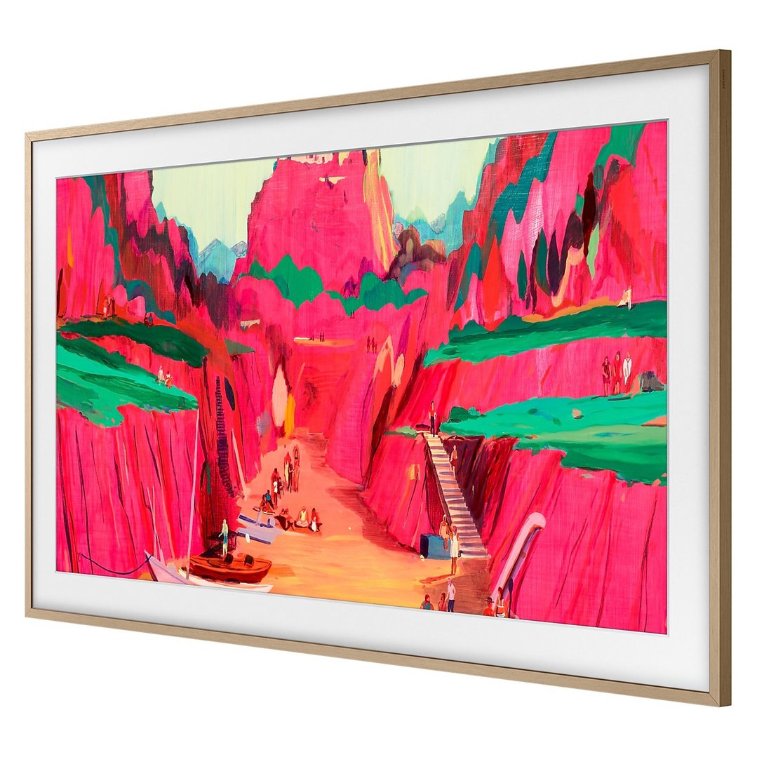 A Samsung Frame TV displaying a vibrant painting of a colorful landscape