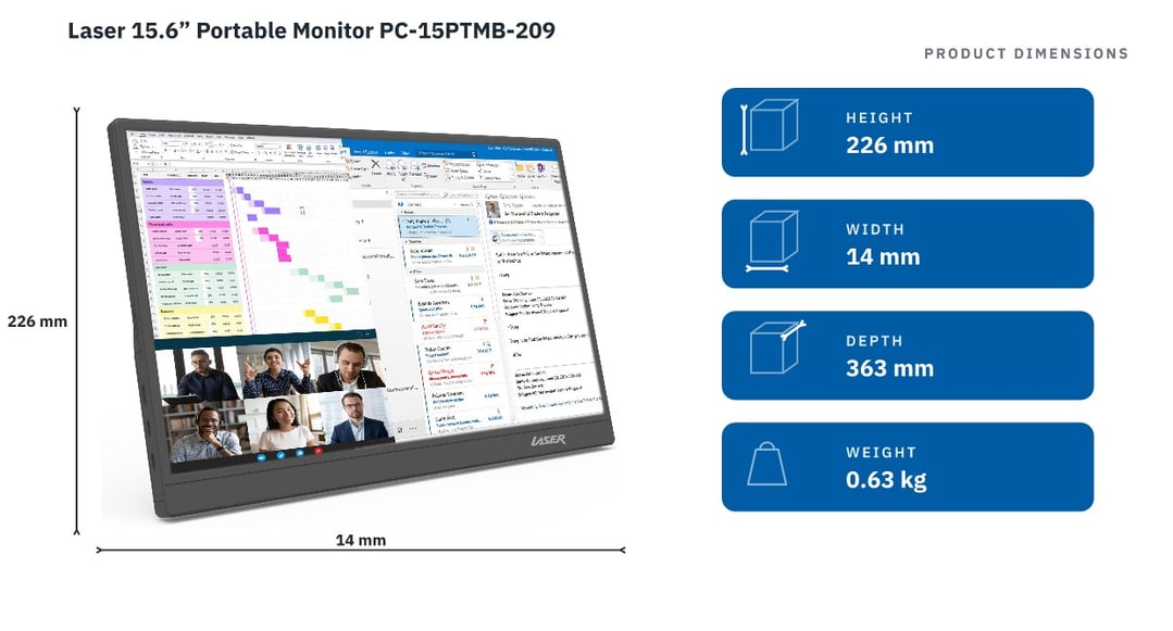 Laser 15.6” Portable Monitor PC-15PTMB-209 — product dimensions