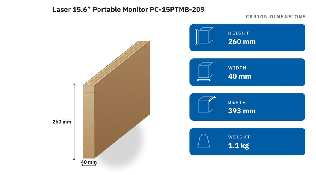Laser 15.6” Portable Monitor PC-15PTMB-209 — packaged dimensions