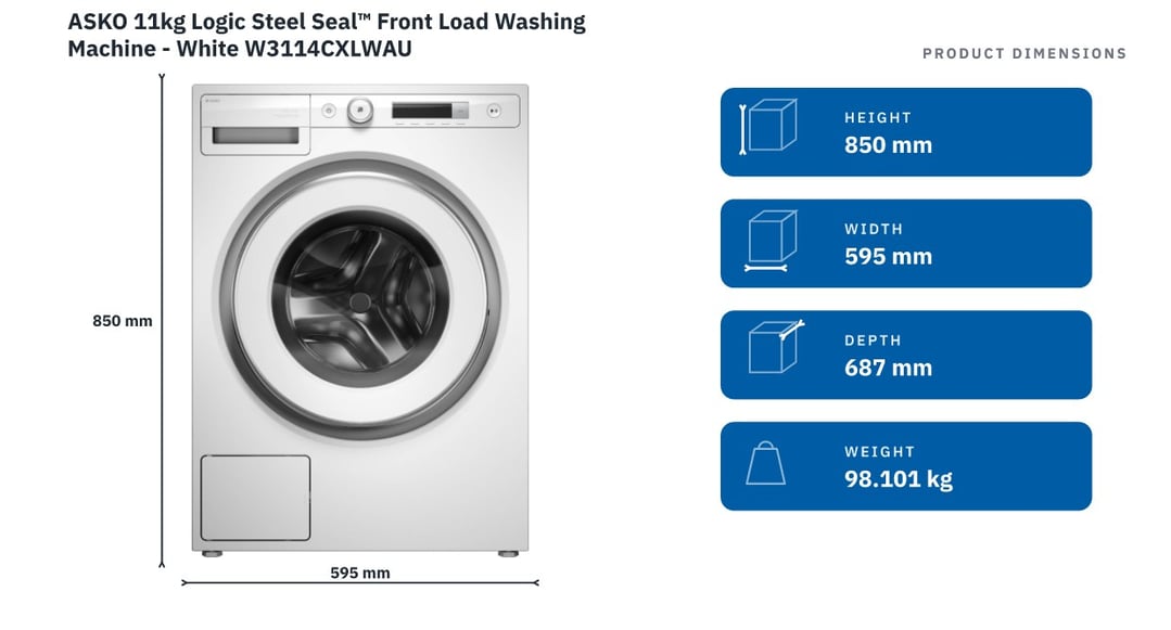 ASKO 11kg Logic Steel Seal™ Front Load Washing Machine - White W3114CXLWAU — product dimensions