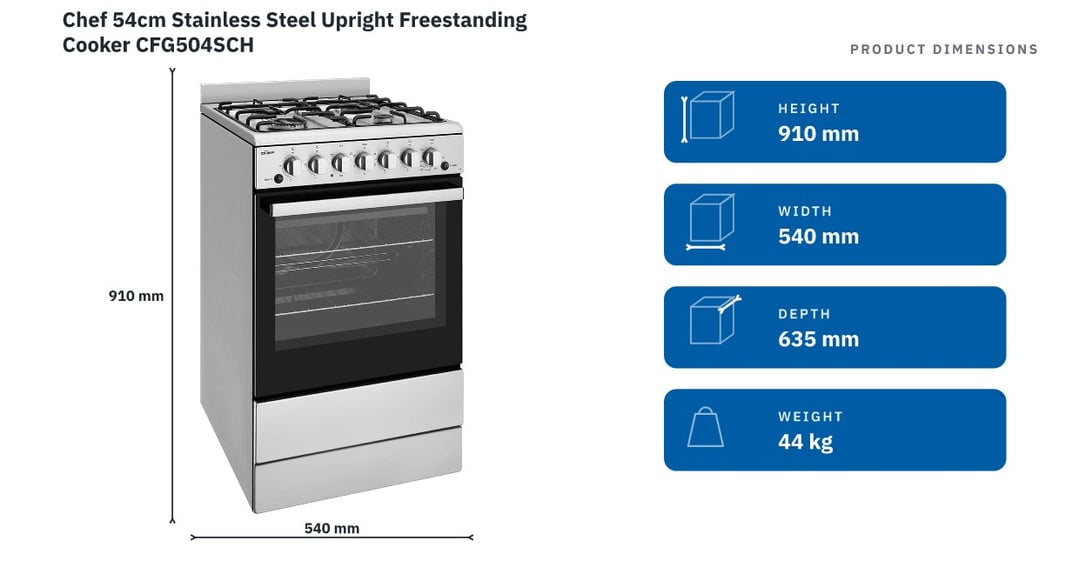 Chef 54cm Stainless Steel Upright Freestanding Cooker CFG504SCH