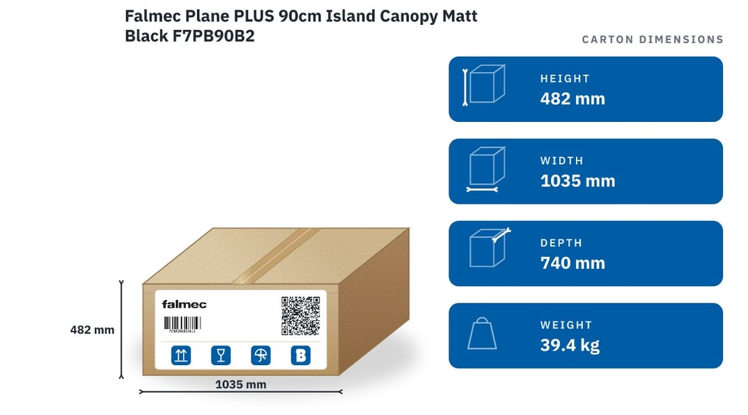 Falmec Plane PLUS 90cm Island Canopy Matt Black F7PB90B2 — packaged dimensions
