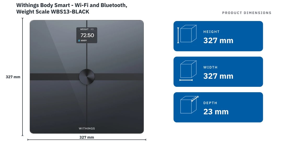 Withings Body Smart - Wi-Fi and Bluetooth, Weight Scale WBS13-BLACK — product dimensions