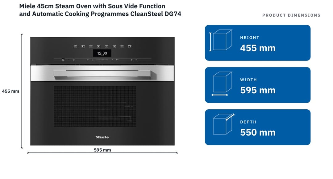Miele 45cm Steam Oven with Sous Vide Function and Automatic Cooking Programmes CleanSteel DG7440 — product dimensions