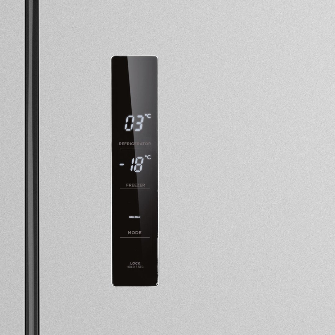 Close up of a fridge's digital display showing temperature settings