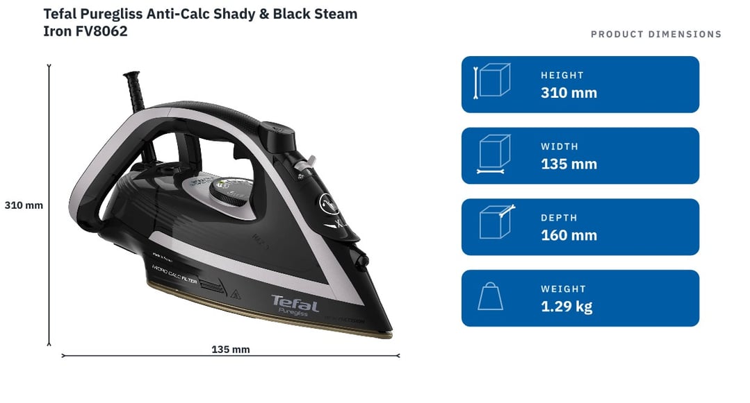 Tefal Puregliss Anti-Calc Shady & Black Steam Iron FV8062 — product dimensions
