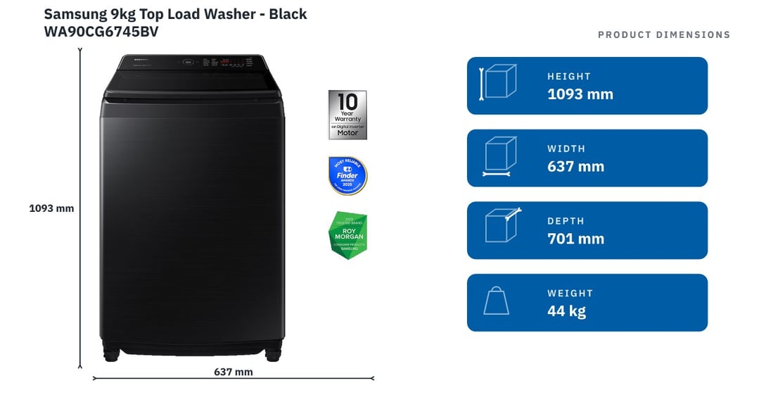 Samsung 9kg Top Load Washer - Black WA90CG6745BV