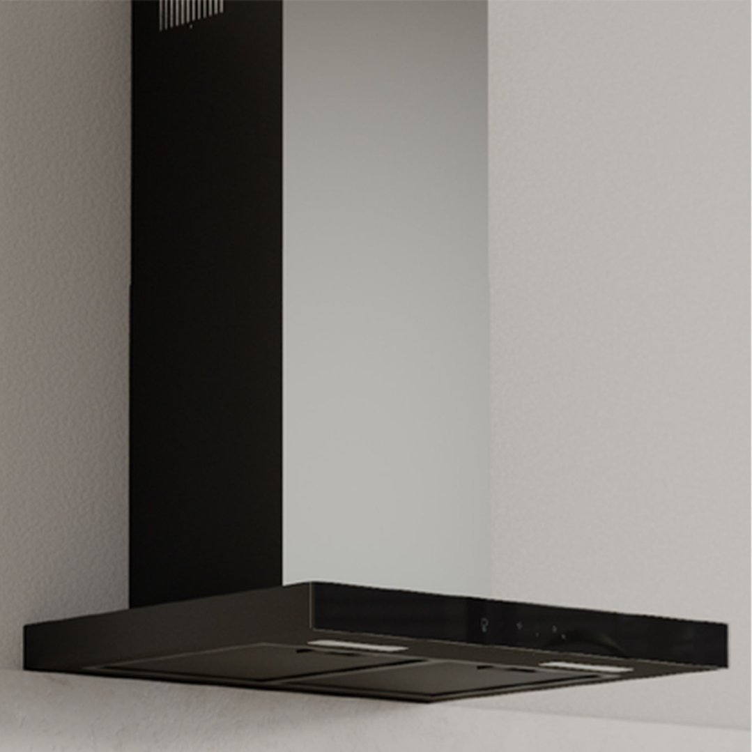 A black chimney rangehood mounted on a light grey wall in a kitchen