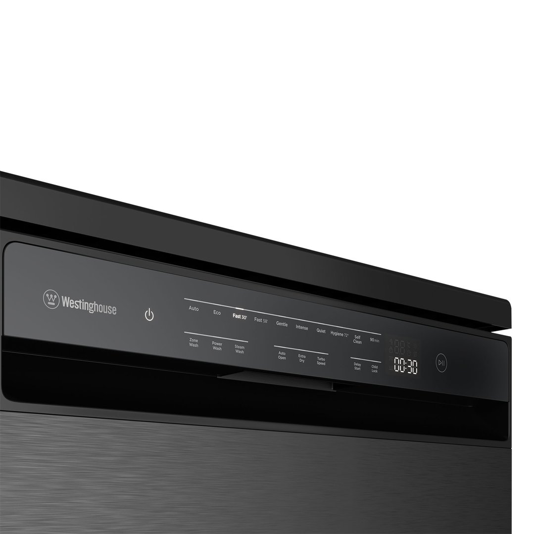 Close-up of the control panel of a dark stainless steel freestanding dishwasher