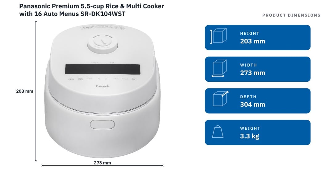 Panasonic Premium 5.5-cup Rice & Multi Cooker with 16 Auto Menus SR-DK104WST — product dimensions