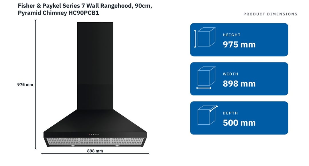 Fisher & Paykel Series 7 Wall Rangehood, 90cm, Pyramid Chimney HC90PCB1 — product dimensions