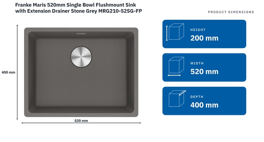 Franke Maris 520mm Single Bowl Flushmount Sink with Extension Drainer Stone Grey MRG210-52SG-FPC — product dimensions