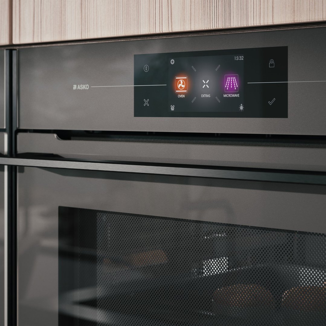 Close-up of ASKO microwave oven control panel in a kitchen setting