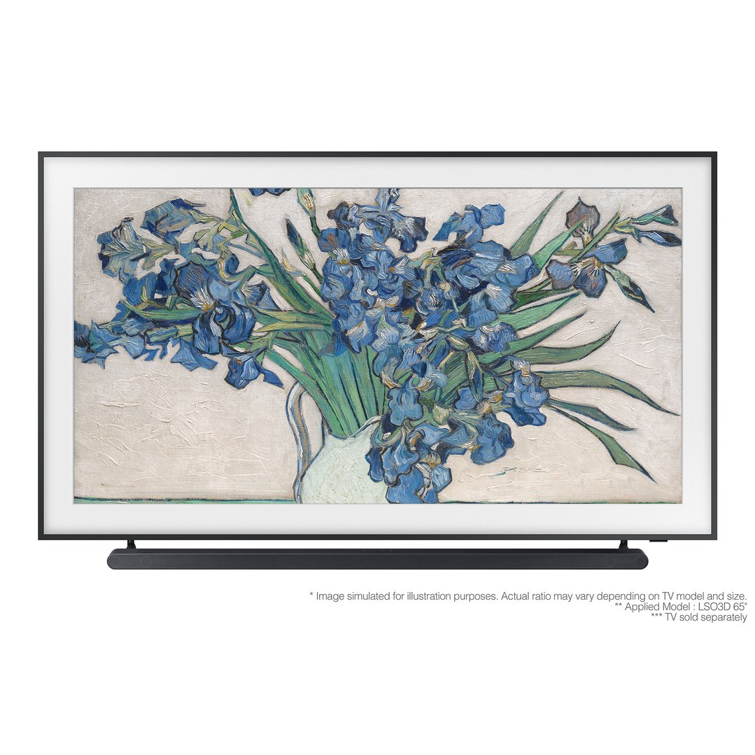 A black soundbar positioned below a television displaying a painting of blue irises