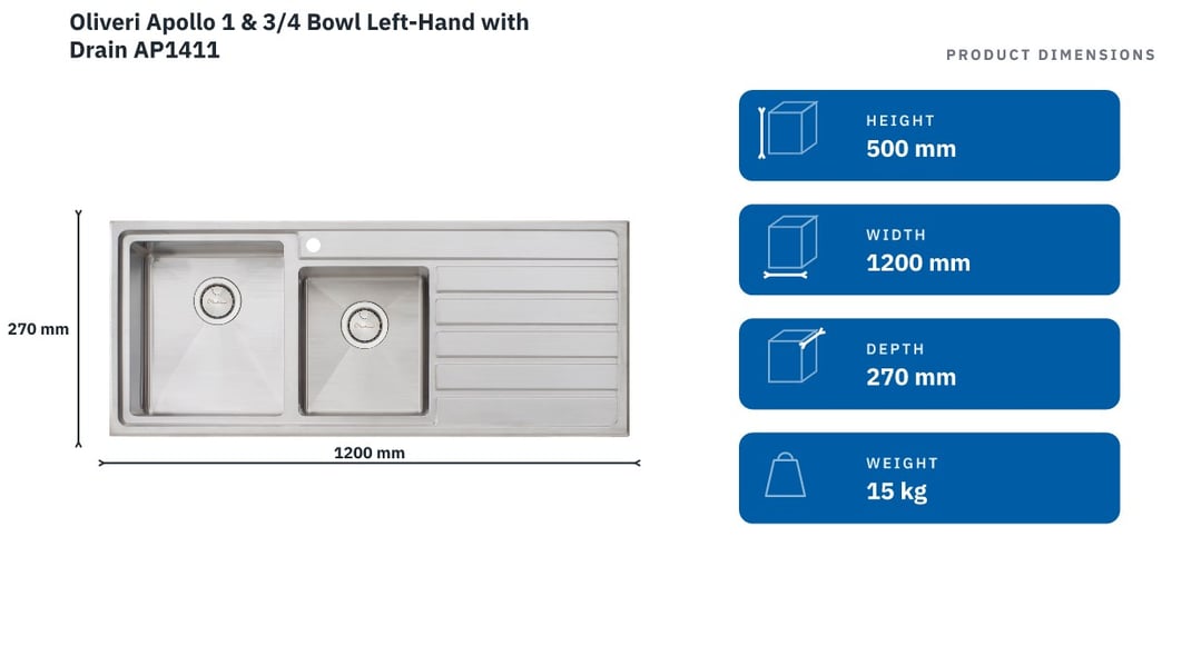 Oliveri Apollo 1 & 3/4 Bowl Left-Hand with Drain AP1411 — product dimensions