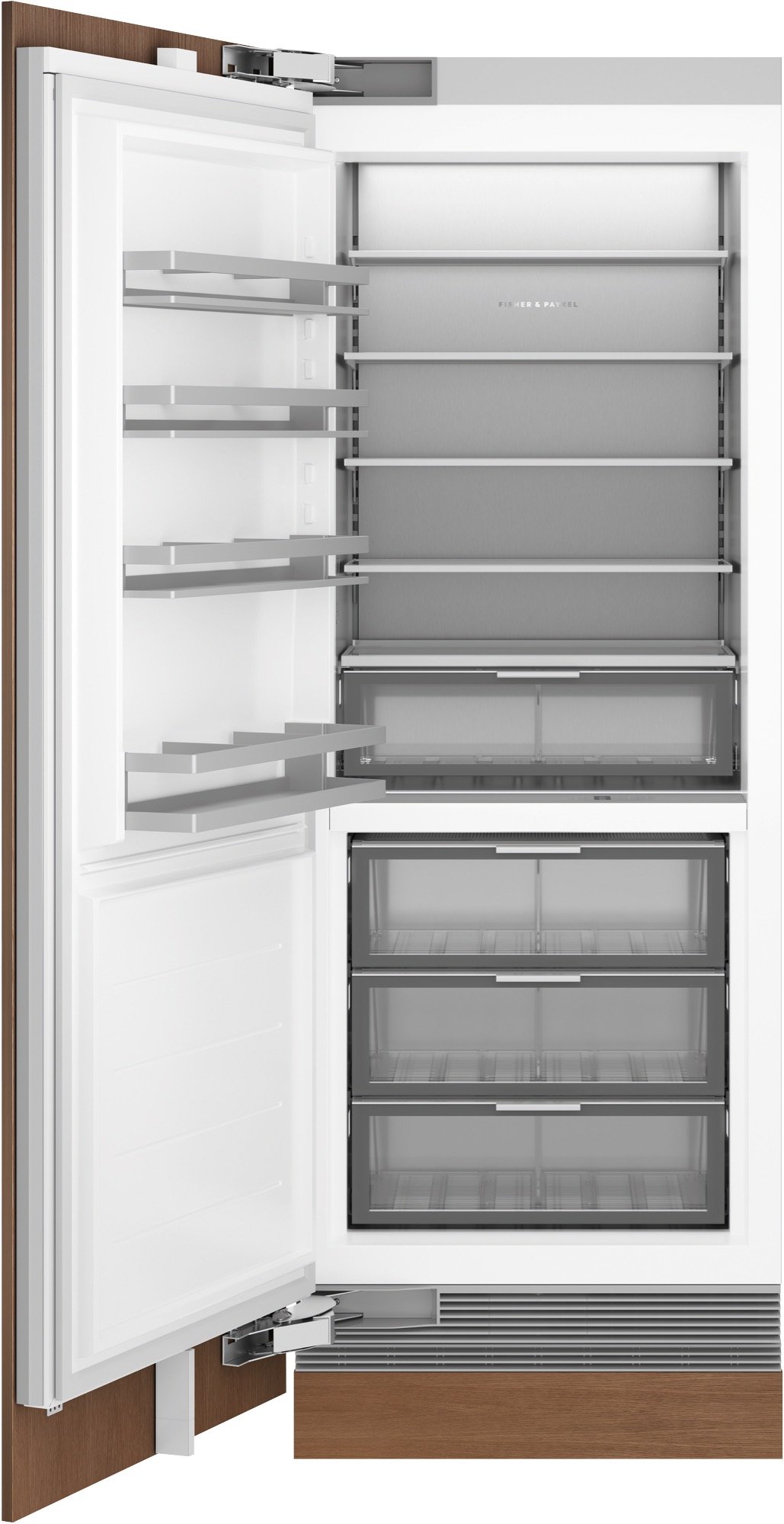 Integrated Fisher & Paykel fridge with left hinge, open to show interior