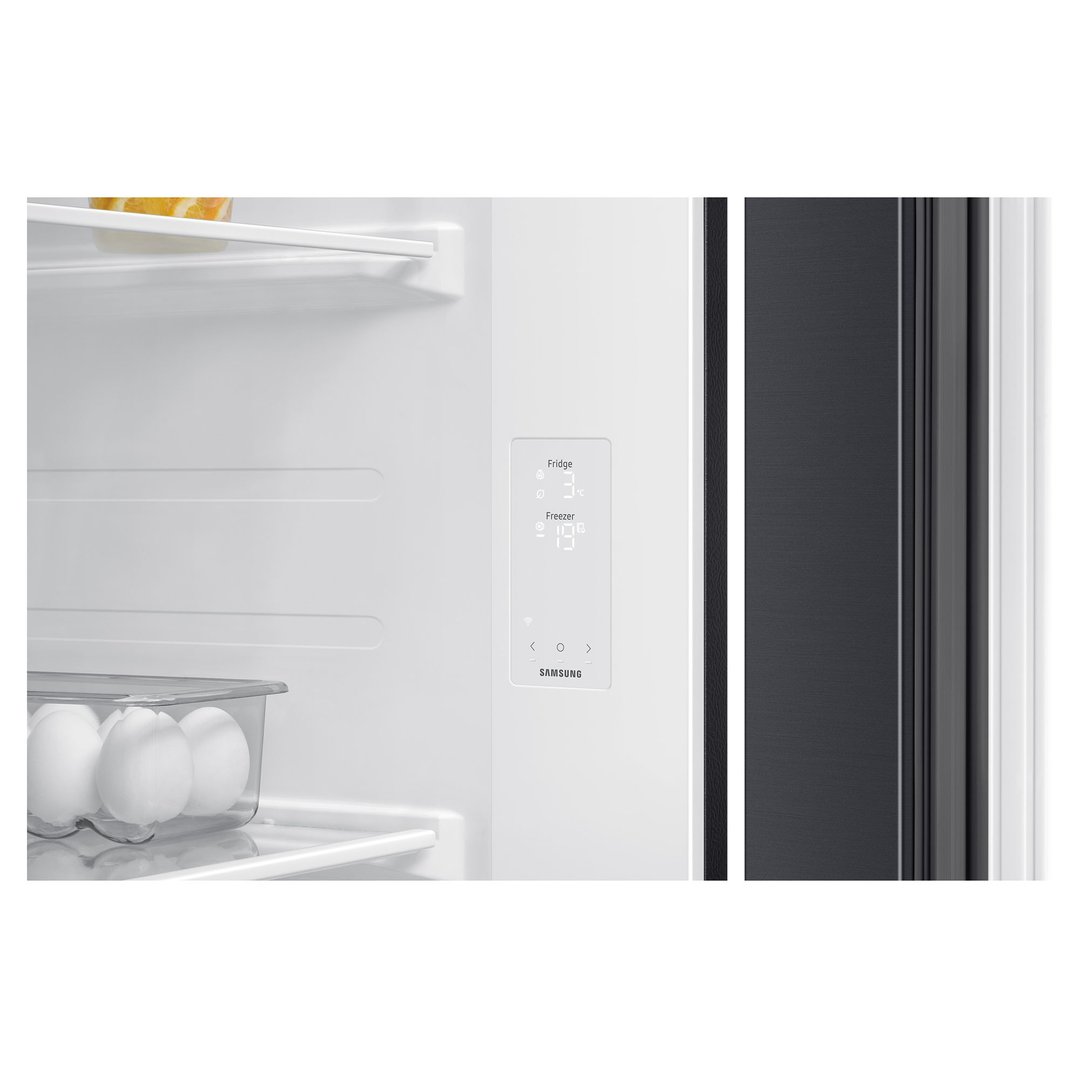Close up of a Samsung refrigerator interior with temperature display and eggs