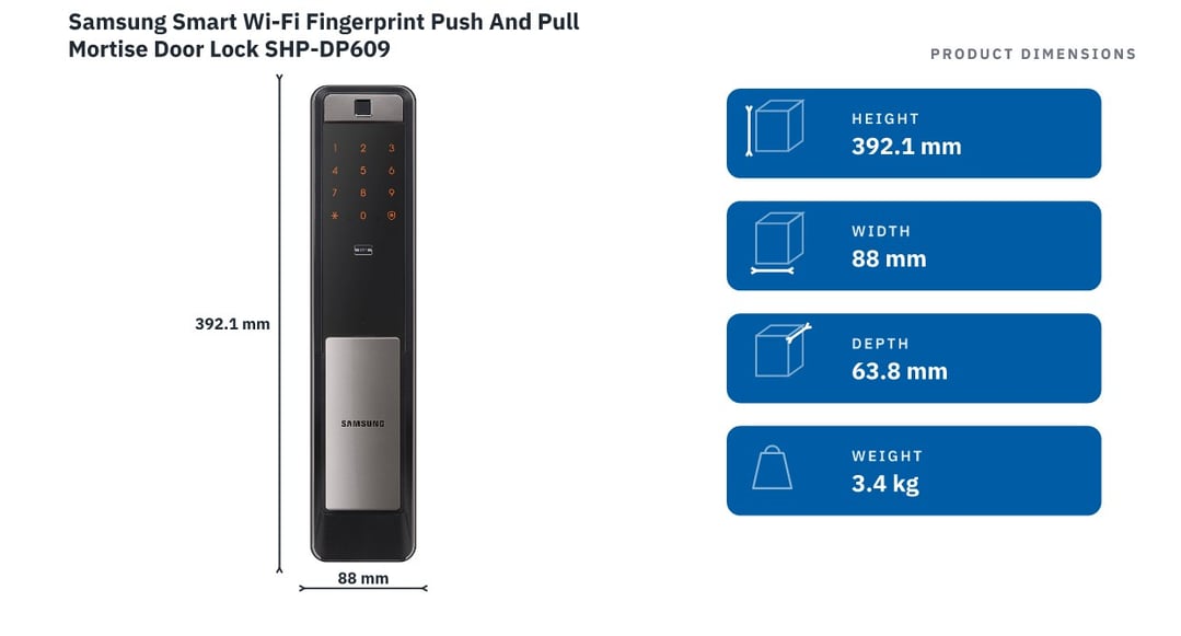 Samsung Smart Wi-Fi Fingerprint Push And Pull Mortise Door Lock SHP-DP609 — product dimensions