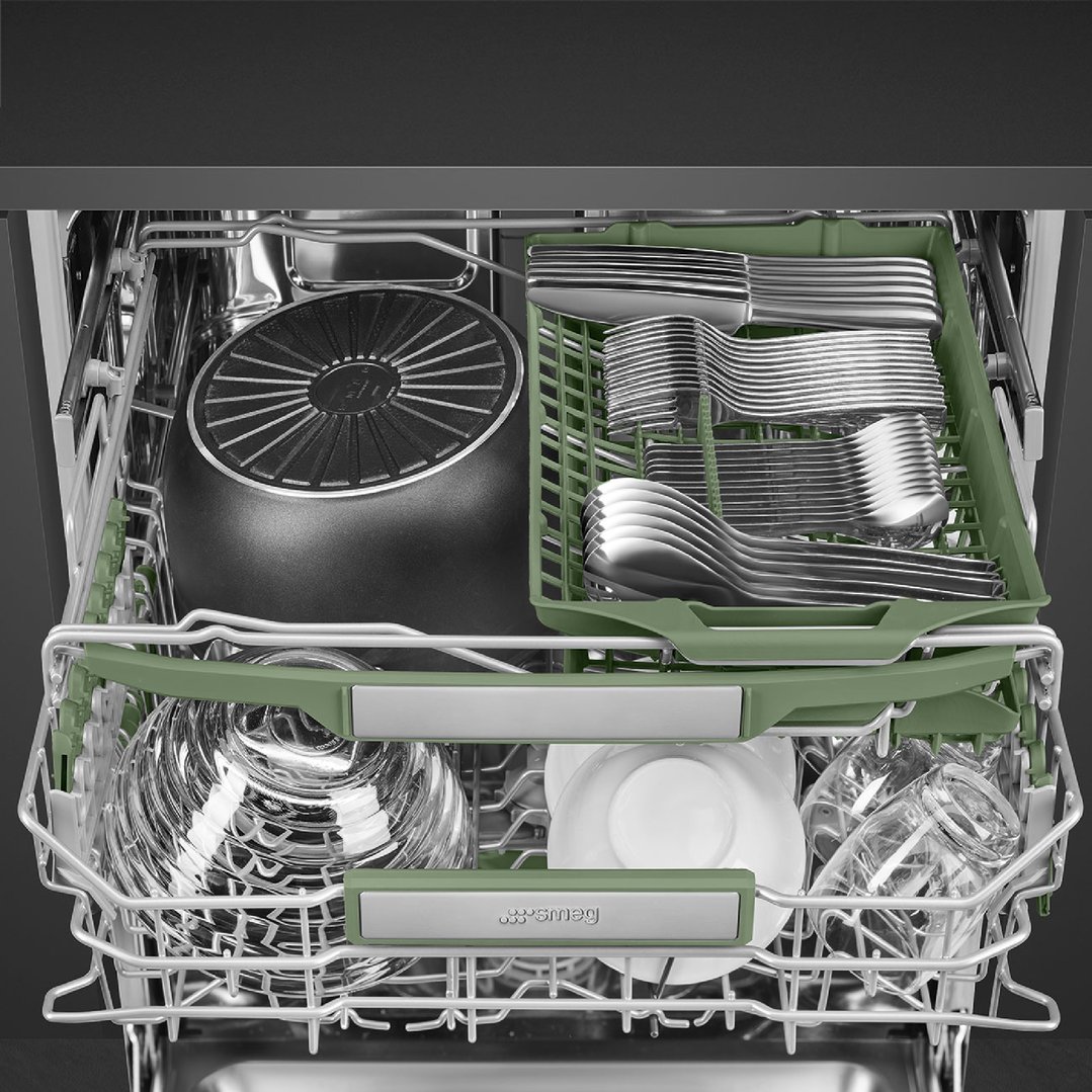 Dishwasher interior with dishes, pots, and cutlery on racks