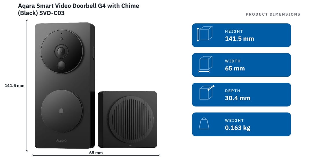 Aqara Smart Video Doorbell G4 with Chime (Black) SVD-C03 — product dimensions