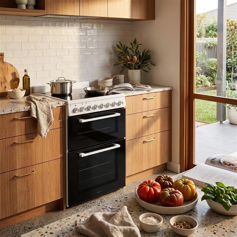 White freestanding double oven with ceramic cooktop in a modern kitchen setting