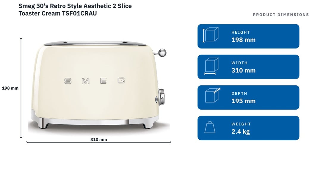 Smeg 50's Retro Style Aesthetic 2 Slice Toaster Cream TSF01CRAU
