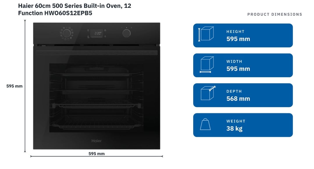 Haier 60cm 500 Series Built-in Oven, 12 Function HWO60S12EPB5 — product dimensions