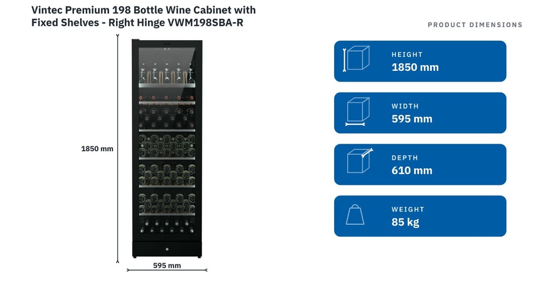 Vintec Premium 198 Bottle Wine Cabinet with Fixed Shelves - Right Hinge VWM198SBA-R