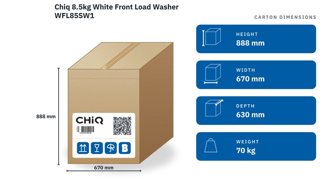 Chiq 8.5kg White Front Load Washer WFL85SW1 — packaged dimensions