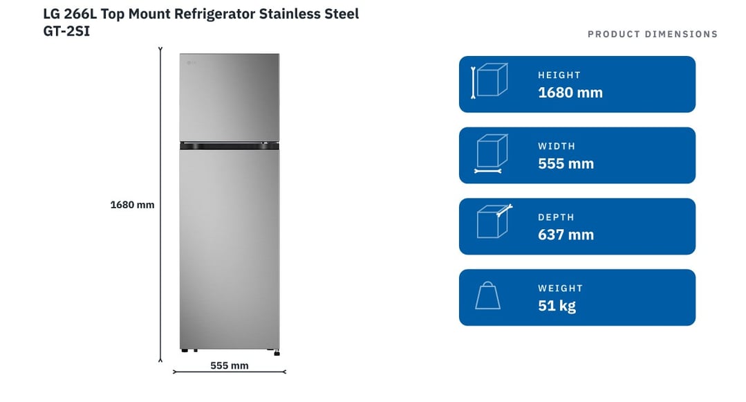 LG 266L Top Mount Refrigerator Stainless Steel GT-2SI — product dimensions