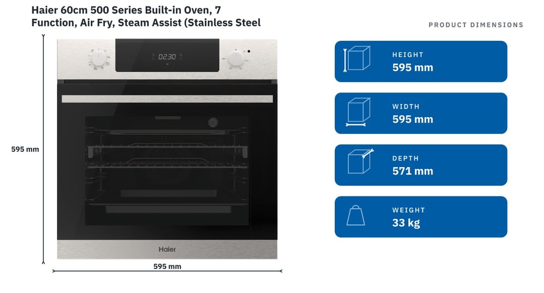 Haier 60cm 500 Series Built-in Oven, 7 Function, Air Fry, Steam Assist (Stainless Steel) HWO60S7EX5