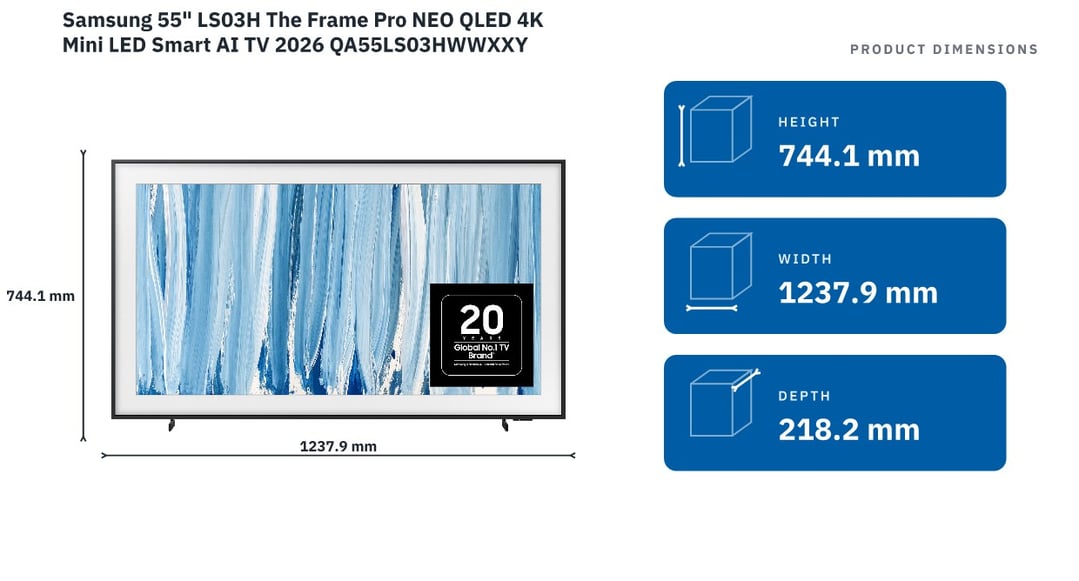 Samsung 55" LS03H The Frame Pro NEO QLED 4K Mini LED Smart AI TV 2026 QA55LS03HWWXXY — product dimensions