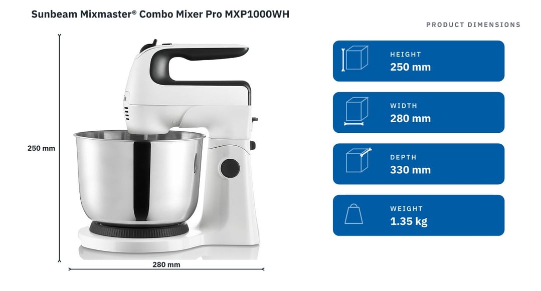 Sunbeam Mixmaster® Combo Mixer Pro MXP1000WH — product dimensions