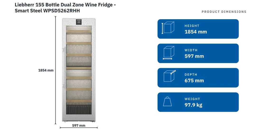 Liebherr 155 Bottle Dual Zone Wine Fridge - Smart Steel WPSD5262RHH — product dimensions