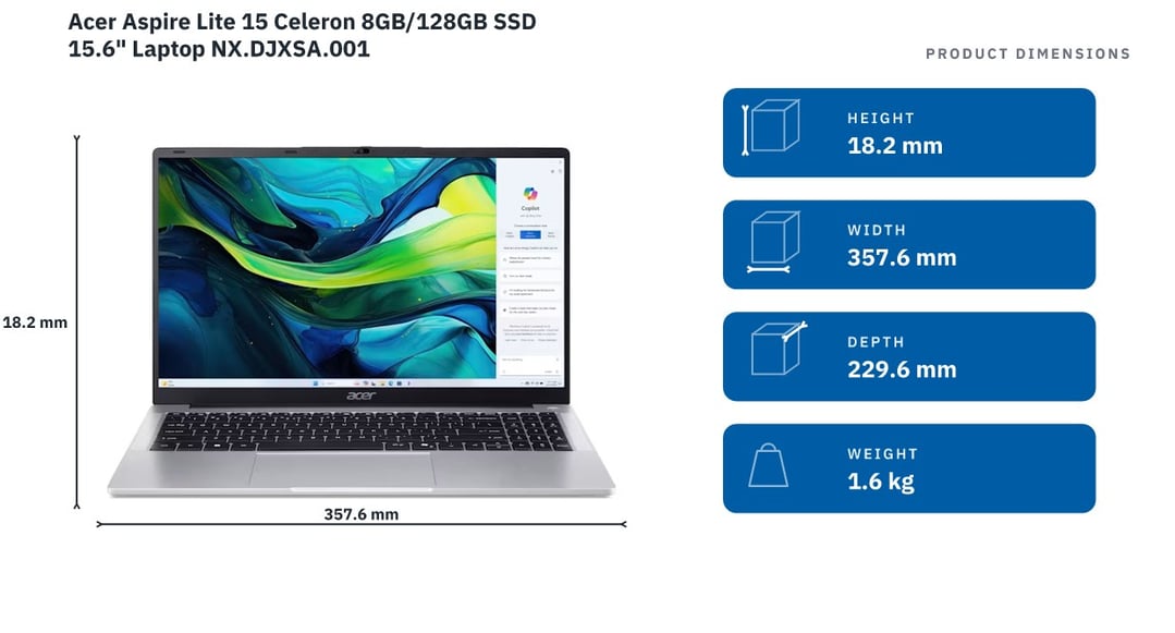 Acer Aspire Lite 15 Celeron 8GB/128GB SSD 15.6" Laptop NX.DJXSA.001 — product dimensions