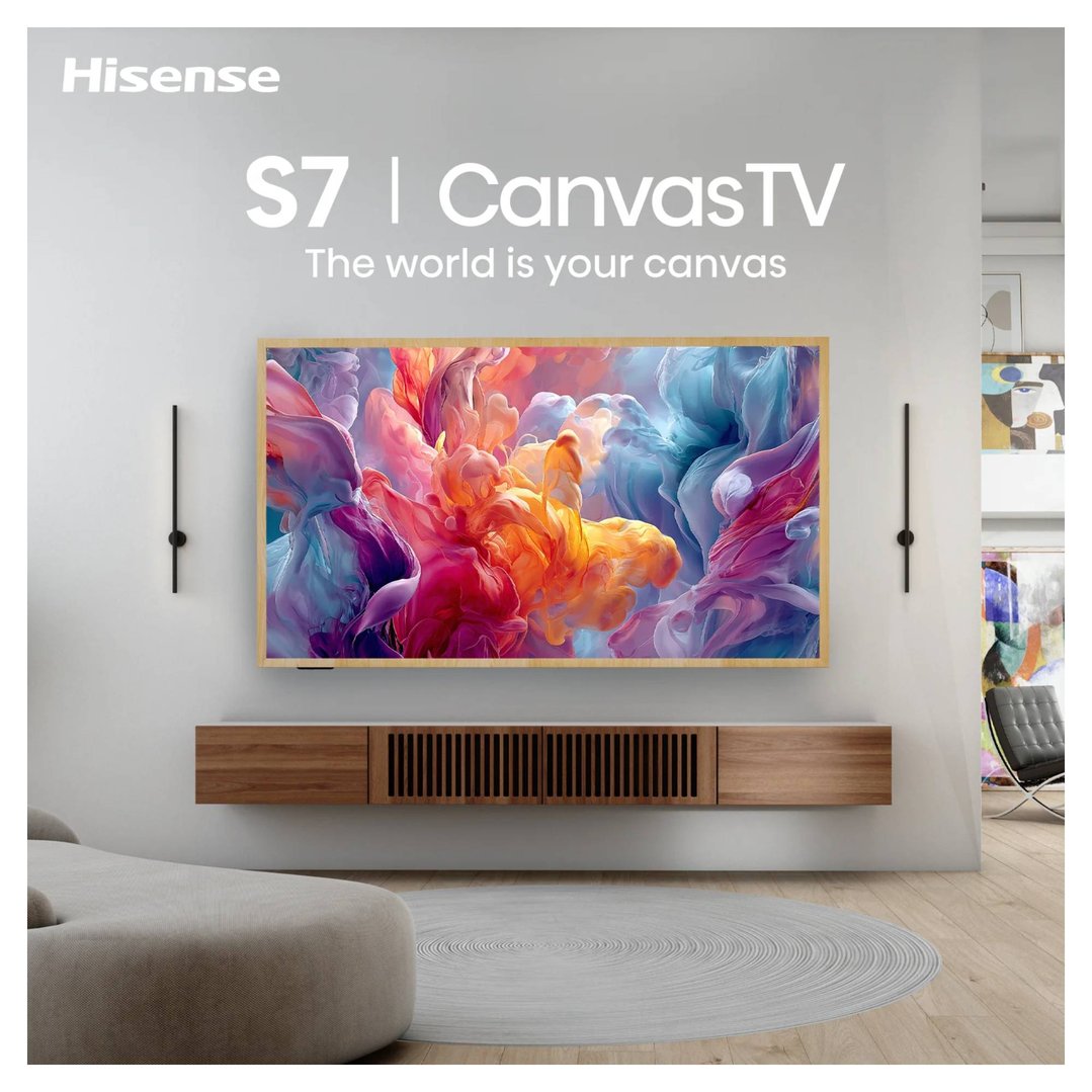Hisense CanvasTV displaying colorful abstract art in a modern living room